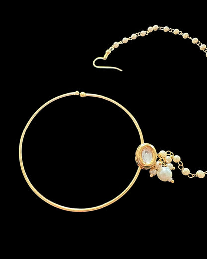 Elegant Kundan Pearl Nosering | Gold-Plated Nath with Chain ( READY TO SHIP )