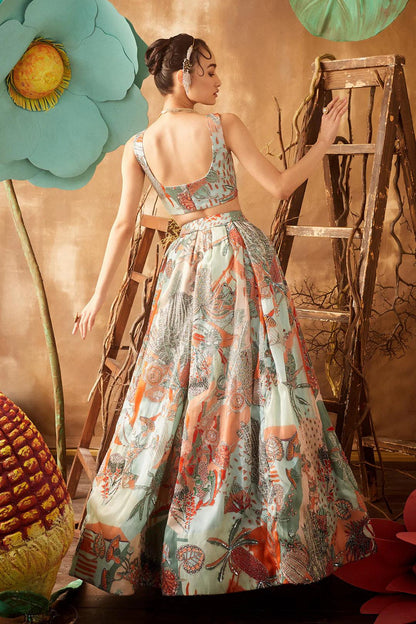 Rent Aisha Rao - Powder Blue Organza Printed Lehenga - Couture Encore
