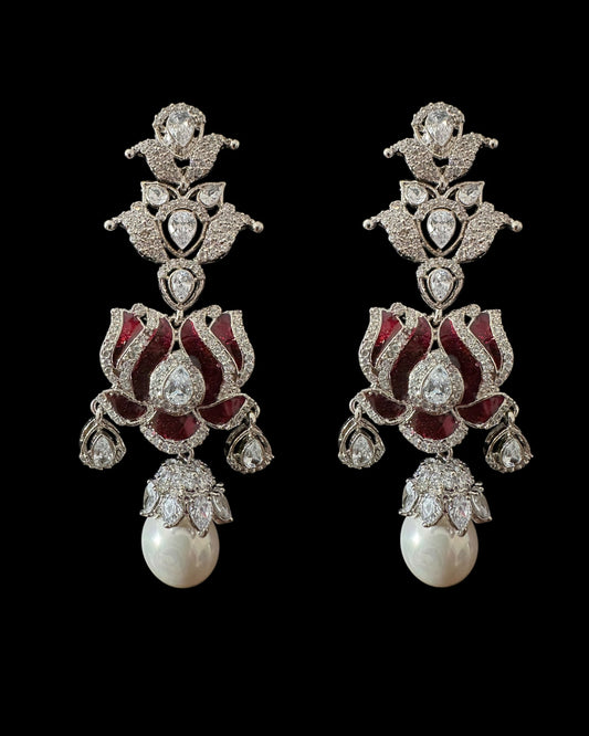 DER809 Lotus Cz earrings -Maroon ( READY TO SHIP )