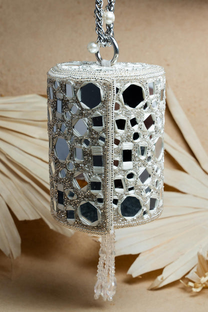 Rent Silver Mirror Work Cylindrical Bag