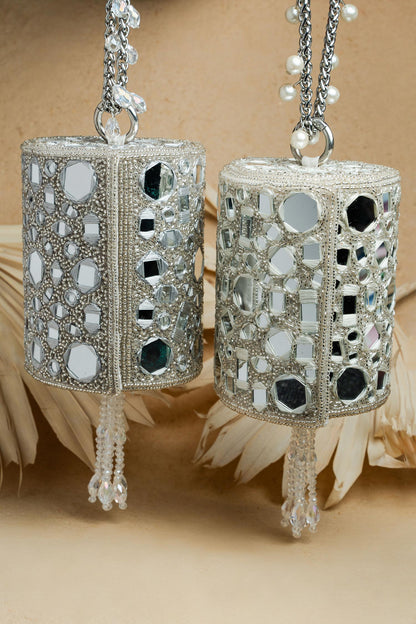Rent Silver Mirror Work Cylindrical Bag