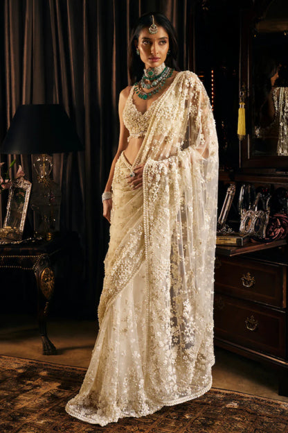 Rent Seema Gujral Ivory Three-dimensional Saree Set