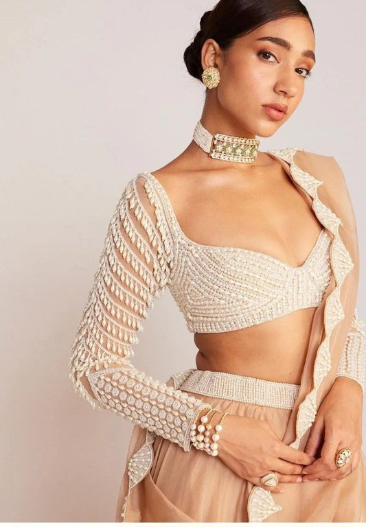 Rent Vvani By Vani Vats Beige Organza Pearl Embellished Lehenga Set