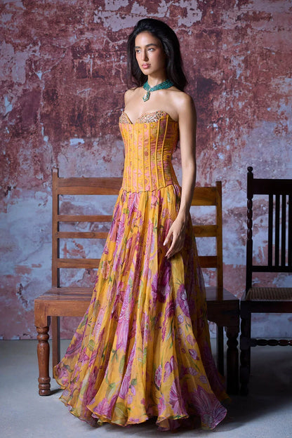 Rent Mahima Mahajan Mustard Yellow Organza Embroidered Corset Gown