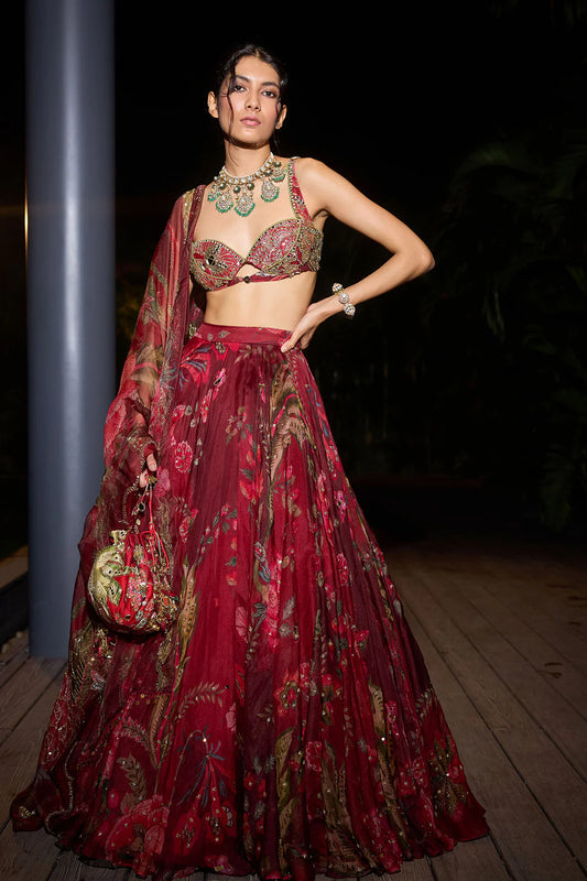 Rent - Mahima Mahajan Red Organza Hand Embroidered Lehenga Set