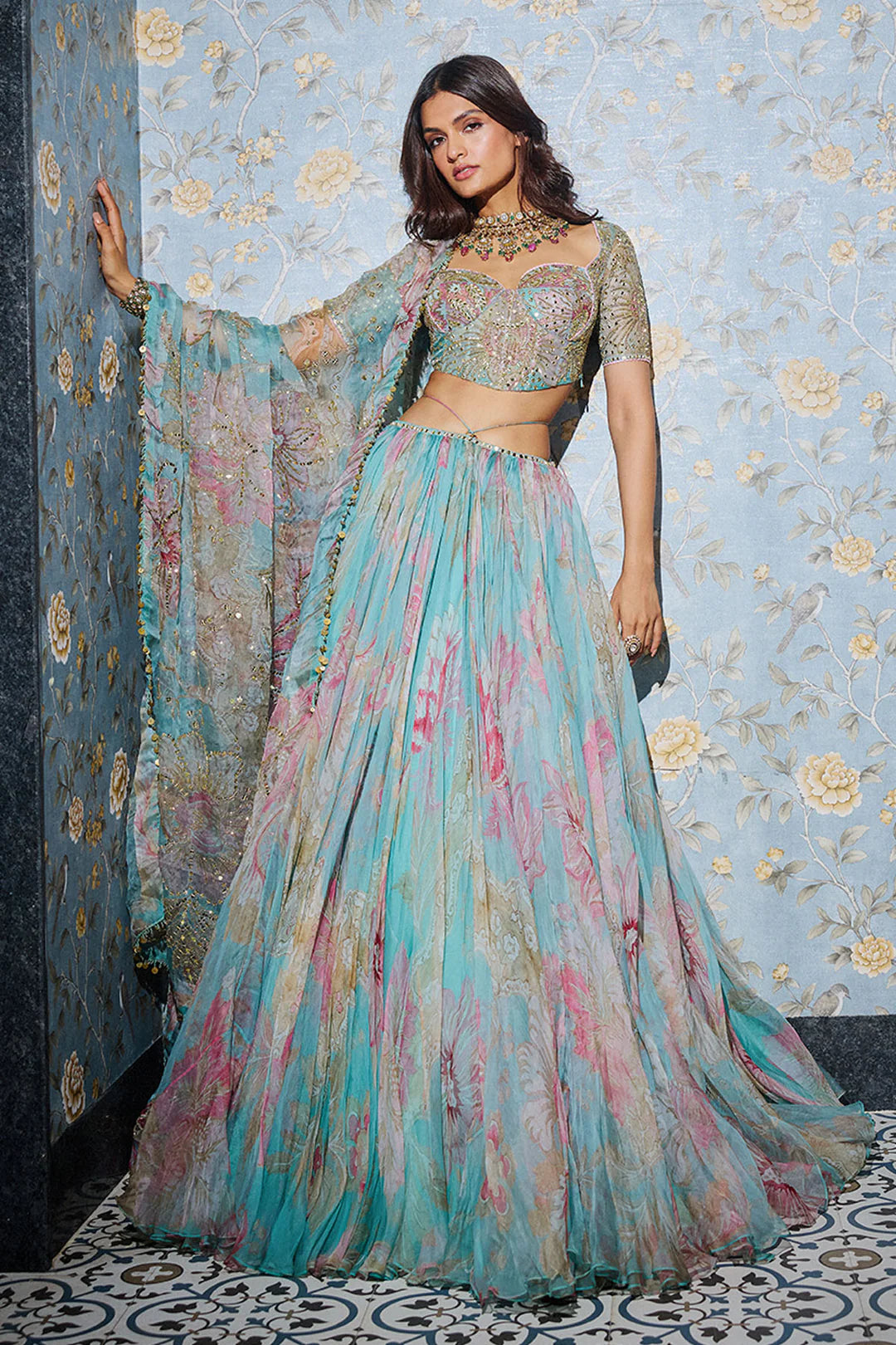 Rent - Mahima Mahajan Aquamarine Organza Lehenga Set