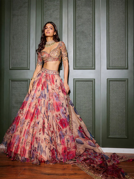 Rent - Mahima Mahajan Sand Colored Organza & Raw Silk Hand Embroidered Lehenga Set