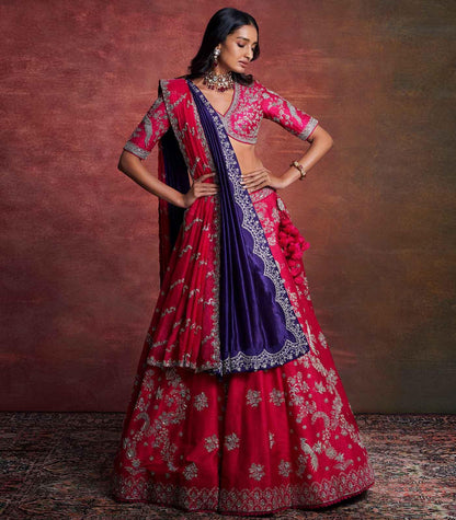 Rent Jayanti Reddy Red Embroidered Lehenga Set (Dupatta Separate) - Couture Encore