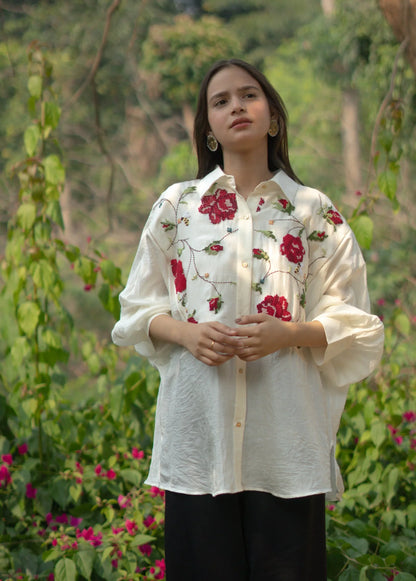 Buy Handcrafted Rose Embroidered Silk Shirt