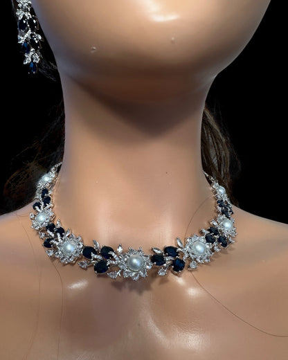 DNS137B silver plated necklace set - BLUE / SAPPHIRE  ( READY TO SHIP )