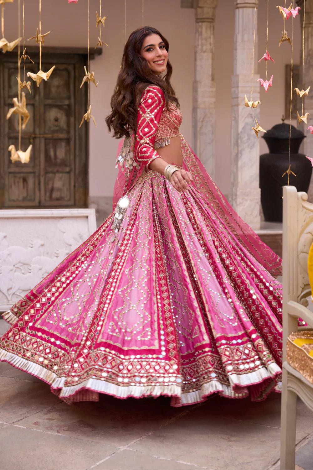 Rent Abhinav Mishra Pink Chanderi Embroidered Lehenga Set - Couture Encore