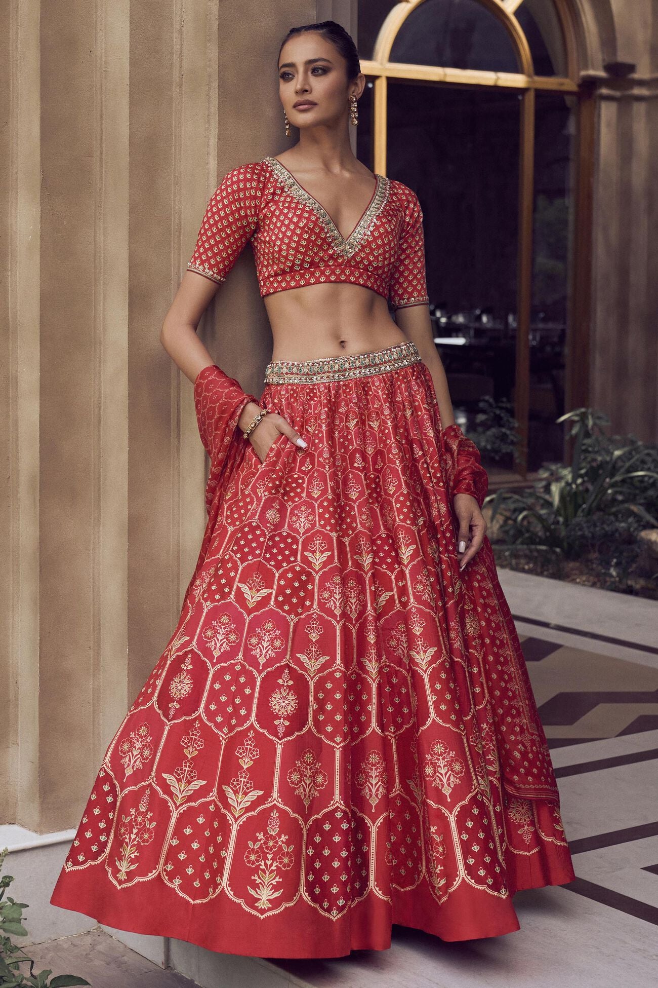 Rent Anita Dongre Red Raw Silk Lehenga