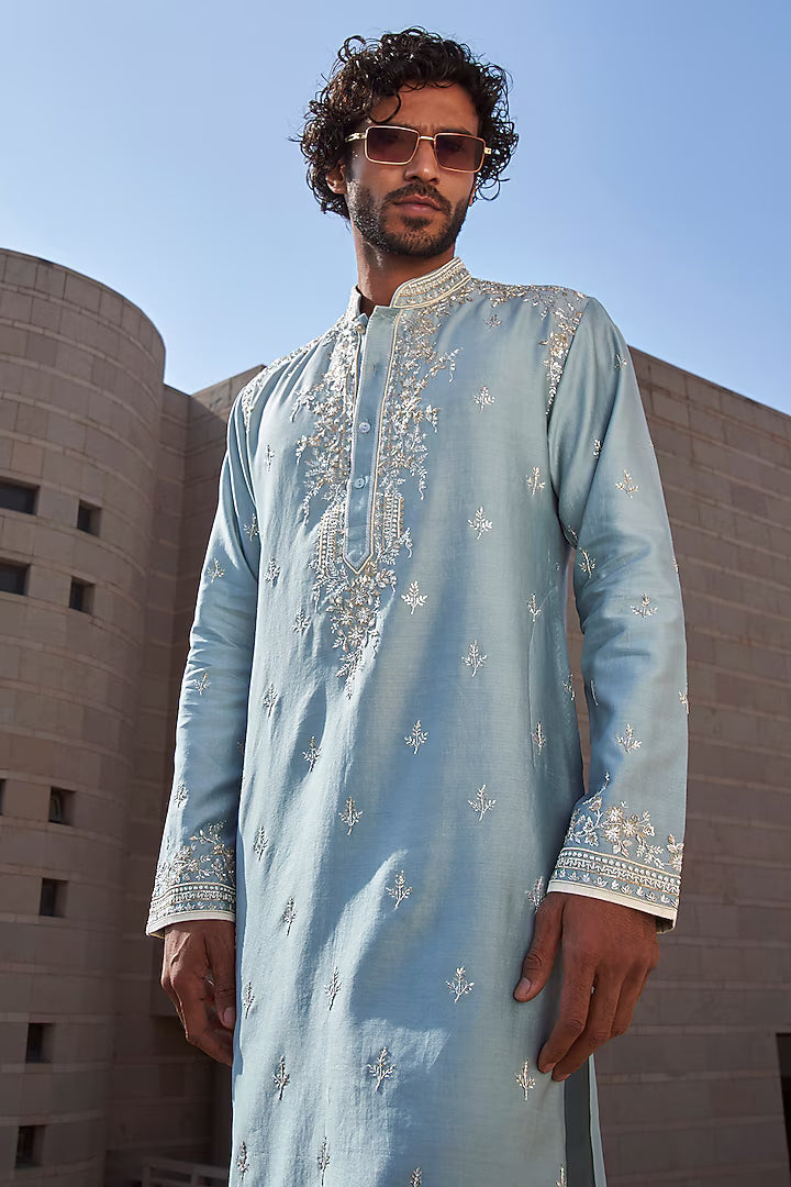 Rent Anushree Reddy Powder Blue Chanderi Geometric Kurta Set