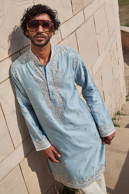 Rent Anushree Reddy Powder Blue Chanderi Geometric Kurta Set