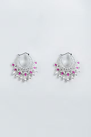 Rent White Finish Zircon and Red Stone Hoop Earrings