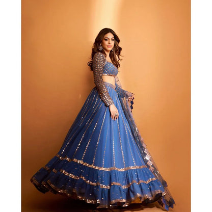 Rent Vvani by Vani Vats Dark Blue Georgette Sequins Embroidered Lehenga Set