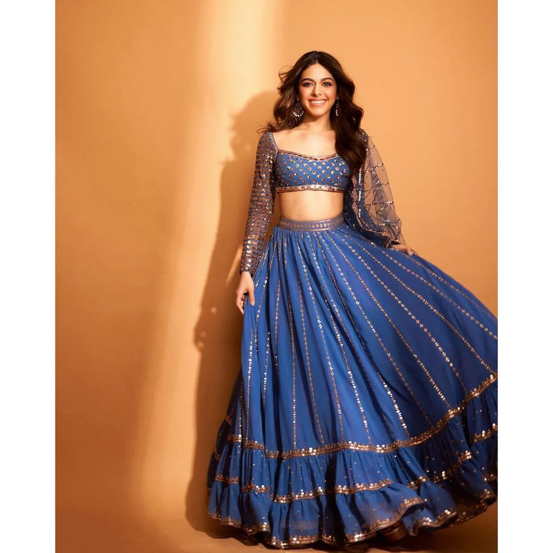 Rent Vvani by Vani Vats Dark Blue Georgette Sequins Embroidered Lehenga Set