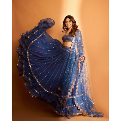 Rent Vvani by Vani Vats Dark Blue Georgette Sequins Embroidered Lehenga Set