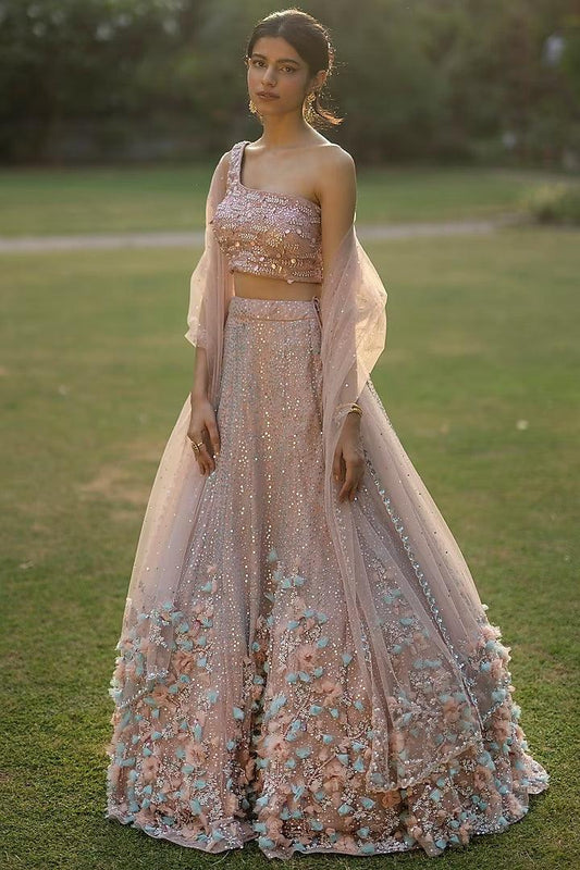 3D Sequin Peach Net Sequins Embellished Lehenga Set - Couture Encore