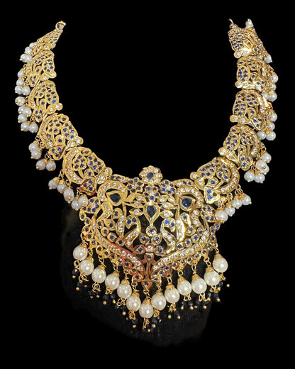 DNS204 Neeli jadau necklace with earrings tika in sapphire zircon(READY TO SHIP  )