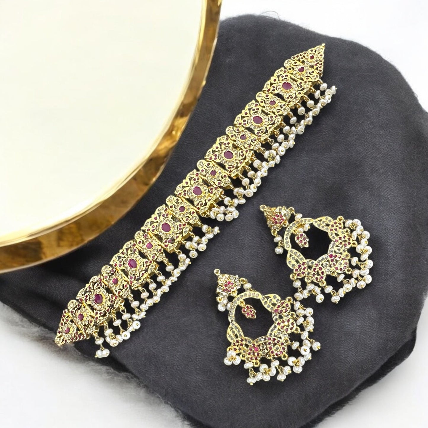 C542 Nishat fresh water pearl choker with earrings -RUBY  ( READY TO SHIP )
