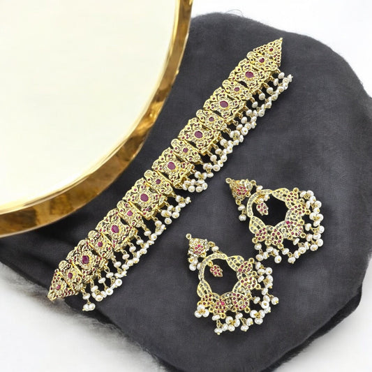 C542 Nishat fresh water pearl choker with earrings -RUBY  ( READY TO SHIP )