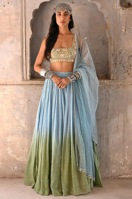 Rent Basil Green Georgette Shaded Lehenga Set