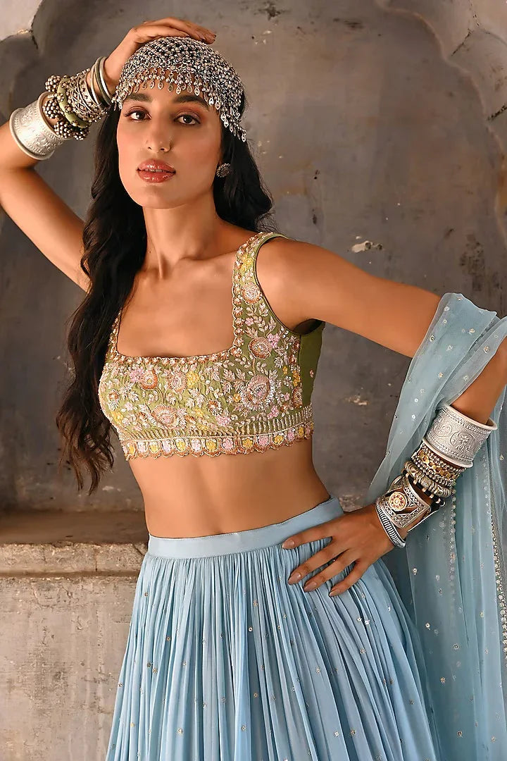 Rent Basil Green Georgette Shaded Lehenga Set
