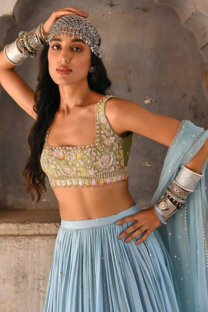 Rent Basil Green Georgette Shaded Lehenga Set