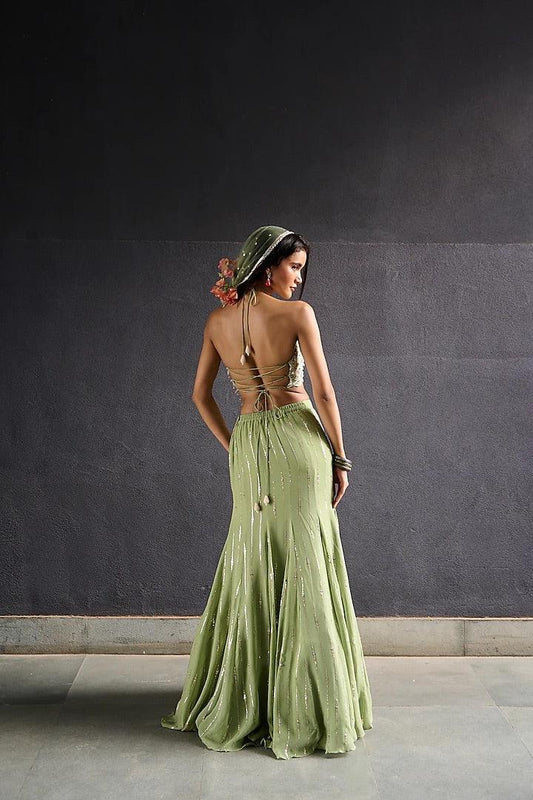 Rent Olive Green Sequin Work Lehenga Set