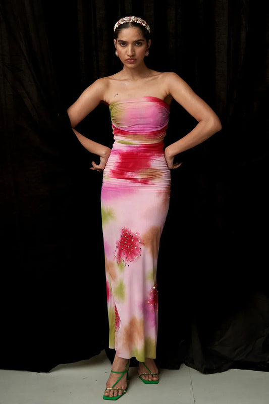 Rent Mahima Mahajan Multi-Colored Net Lycra Printed Ruched Maxi Dress