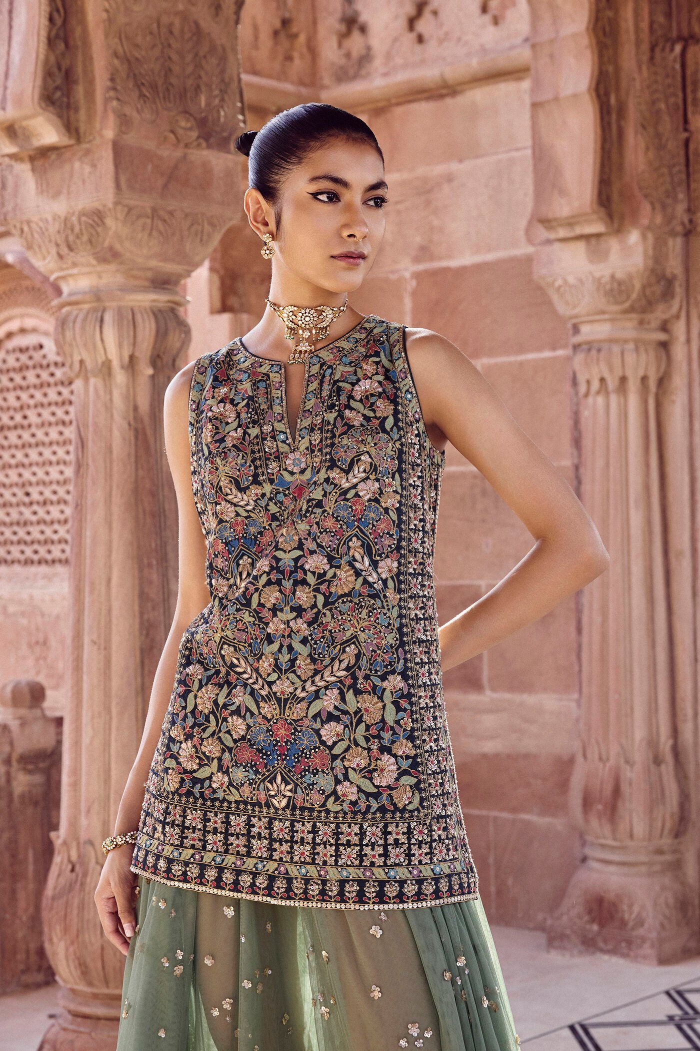 Rent Anita Dongre Embroidered Skirt Set - Sage