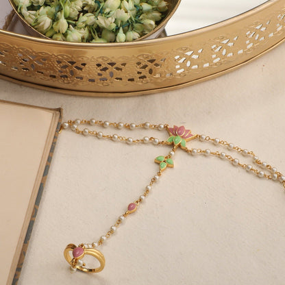 Jalaja Double Pearl Ring Hand Chain Bracelet
