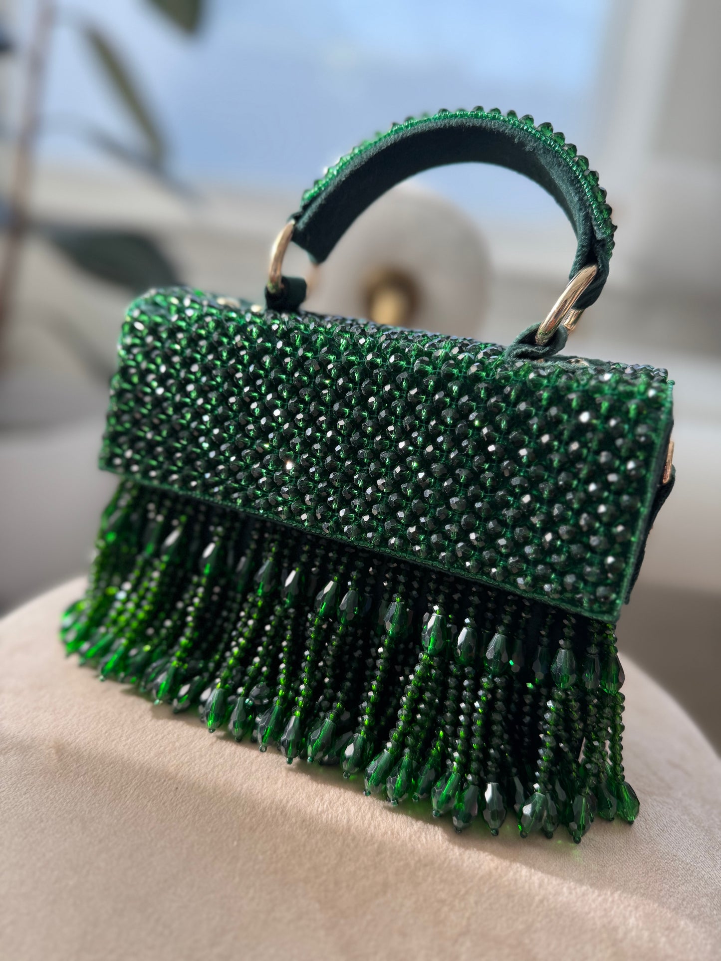 Rent Green Stone work Flap Bag