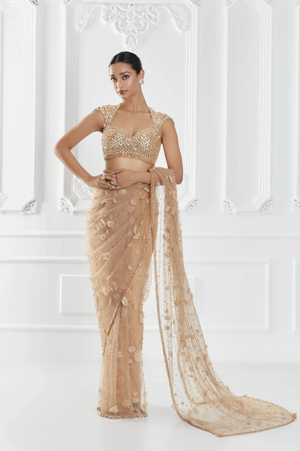 Beige 3D floral embellished saree set