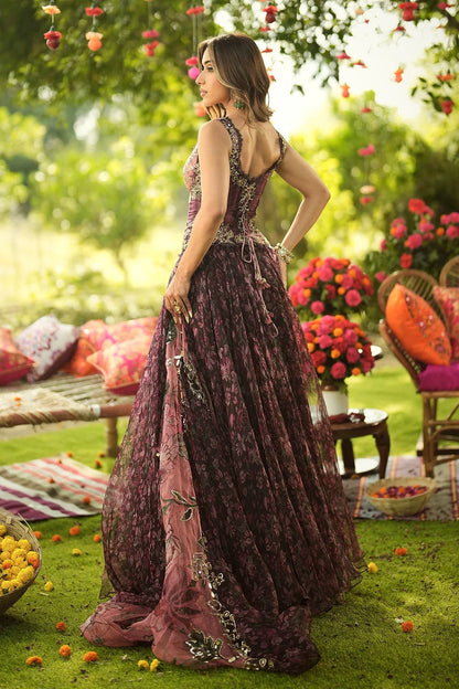 Rent Mahima Mahajan Burgundy Corset With Printed Lehenga and Dupatta