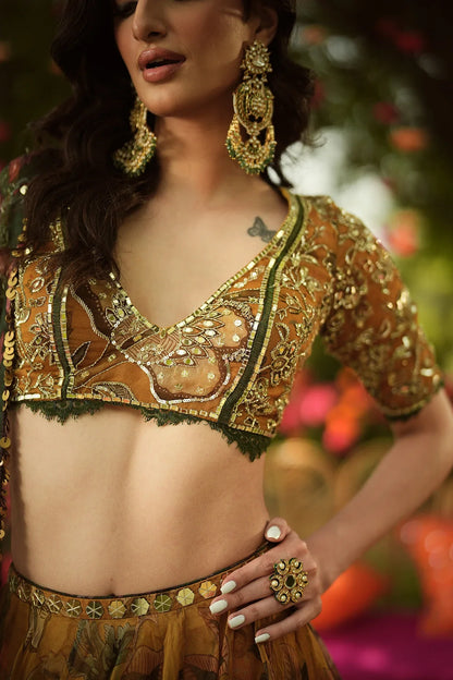 Rent Mahima Mahajan Gold Organza Hand Embroidered Lehenga Set