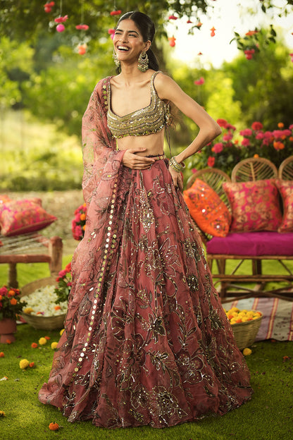 Rent Mahima Mahajan Latest Collection Pink & Golden Organza Lehenga
