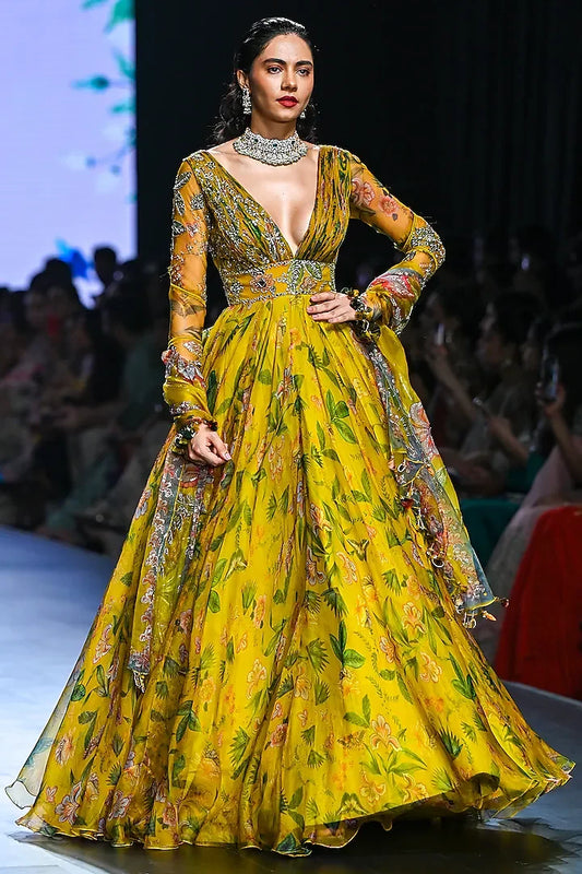 Rent Mahima Mahajan Yellow Organza Embroidered Anarkali Set