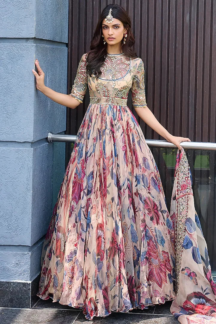 Rent Mahima Mahajan Sand Colored Organza Hand Embroidered Anarkali Set
