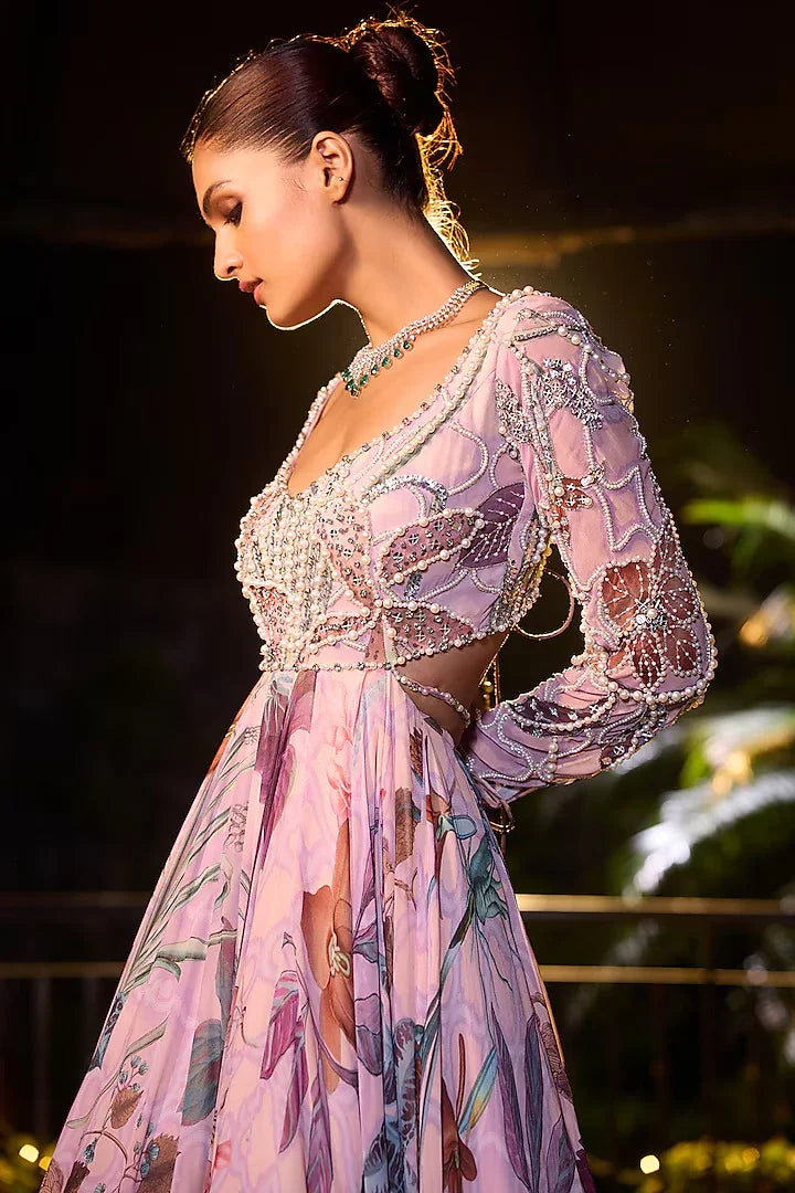 Rent Mahima Mahajan Carnation Pink Organza & Georgette Hand Embroidered Anarkali Set