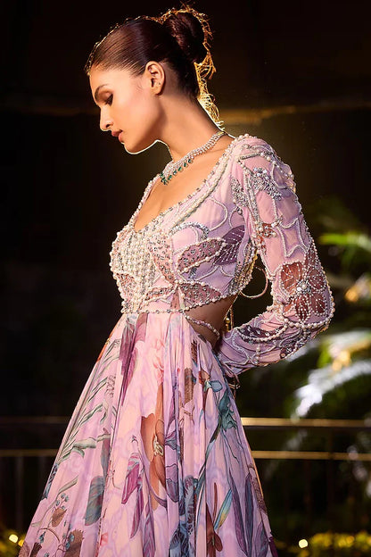Rent Mahima Mahajan Carnation Pink Organza & Georgette Hand Embroidered Anarkali Set
