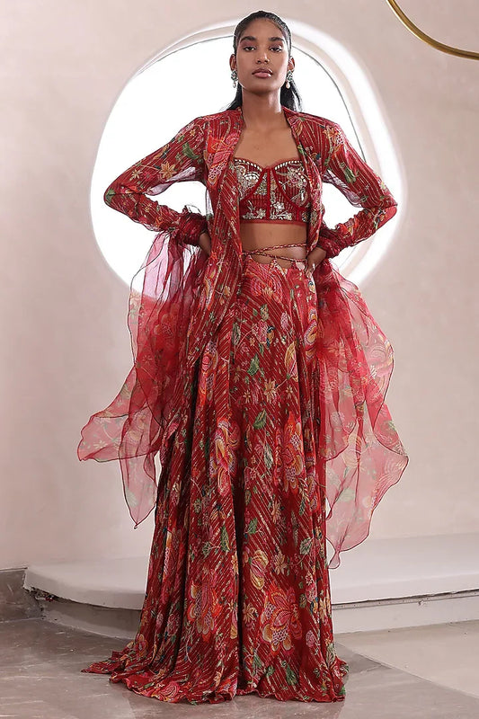Rent Mahima Mahajan Red Lurex Georgette Printed Palazzo Set