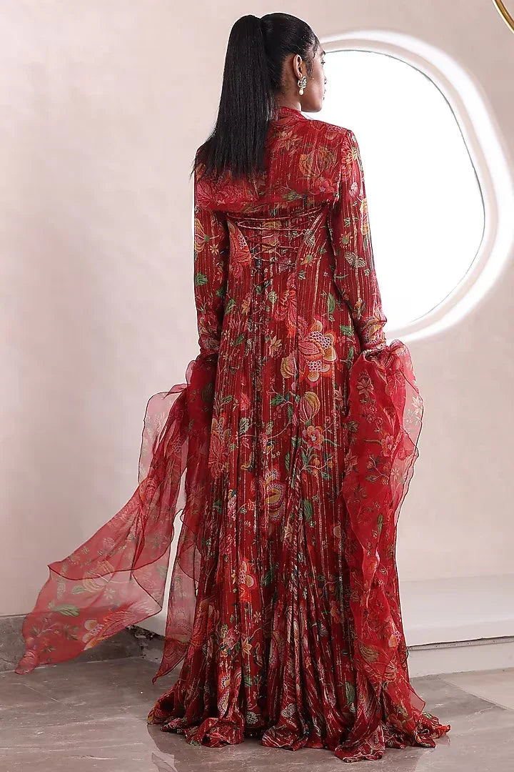 Rent Mahima Mahajan Red Lurex Georgette Printed Palazzo Set