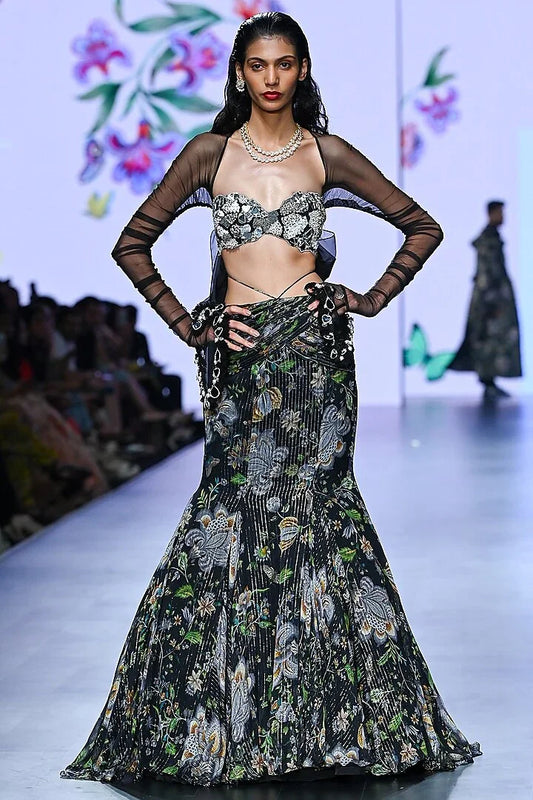 Rent Mahima Mahajan Black Organza & lurex Georgette Printed Lehenga Set