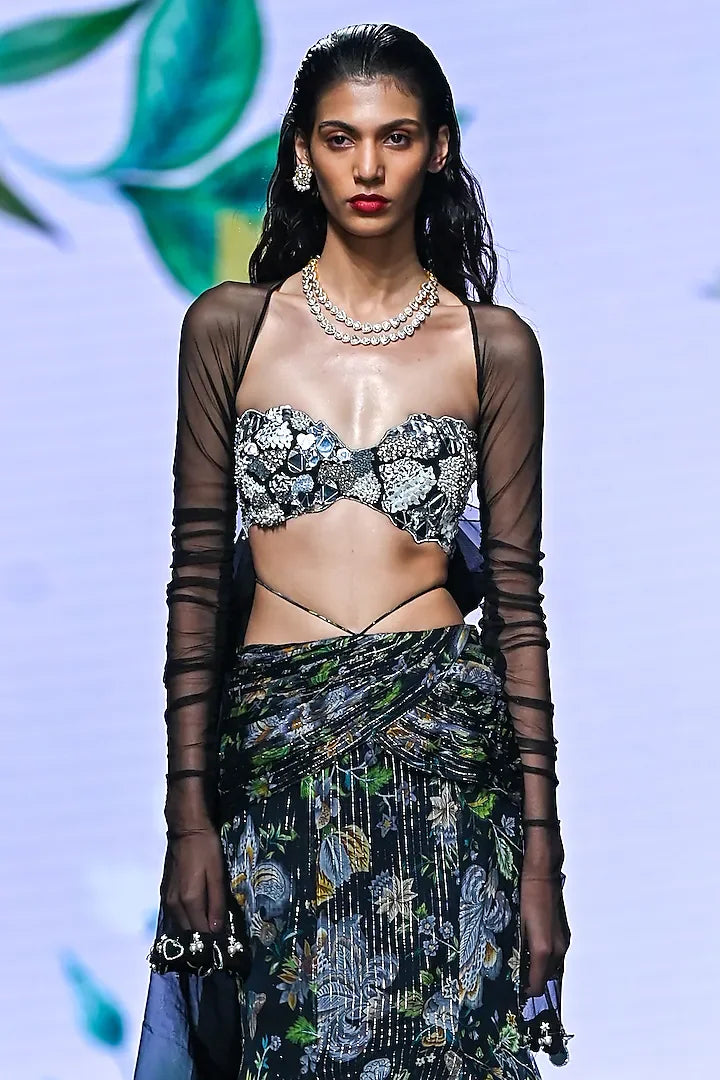 Rent Mahima Mahajan Black Organza & lurex Georgette Printed Lehenga Set