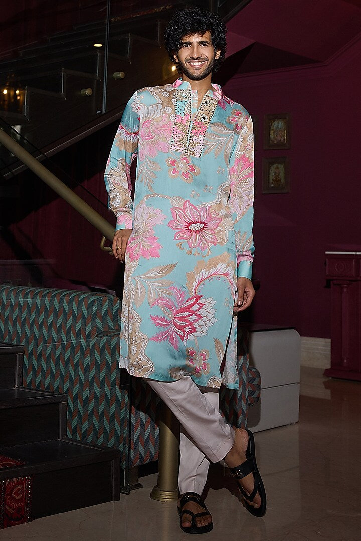 Rent Mahima Mahajan Blue Satin & Glazed Cotton Embellished Kurta Set