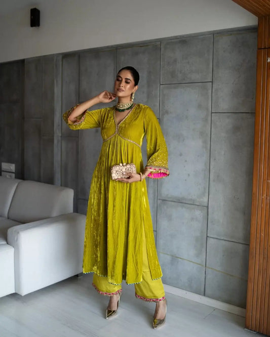 Nadira Lime Yellow Sprinkle Bell Sleeve Velvet Kurta Set - Rent