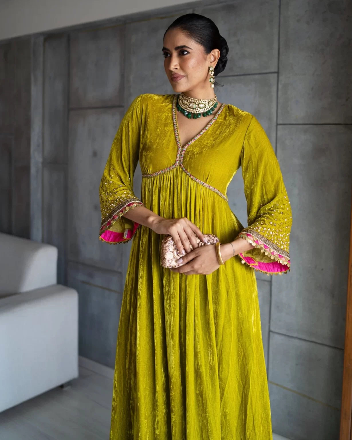 Nadira Lime Yellow Sprinkle Bell Sleeve Velvet Kurta Set - Rent