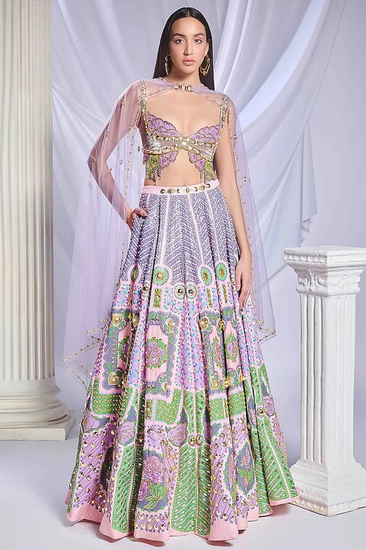 Rent Papa Don't Preach by Shubhika Multi-Colored Sequins Floral Embroidered Lehenga Set